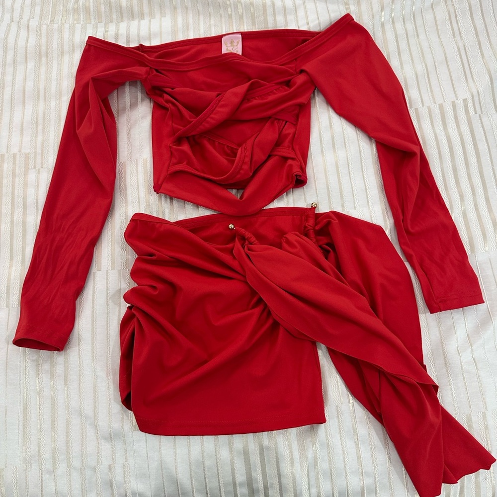 Red Off-Shoulder Mini Skirt Set